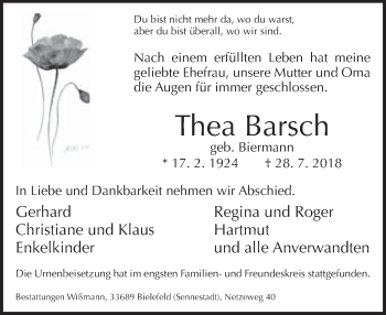 Traueranzeige von Thea Barsch von Neue Westfälische