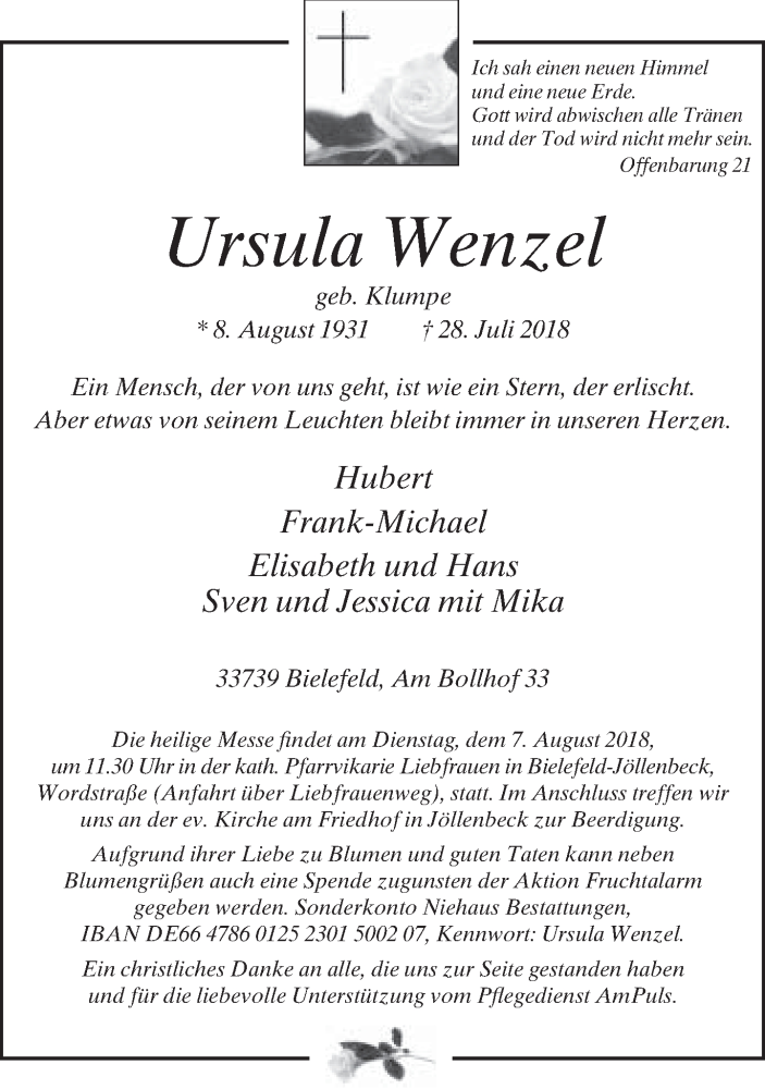  Traueranzeige für Ursula Wenzel vom 04.08.2018 aus Neue Westfälische