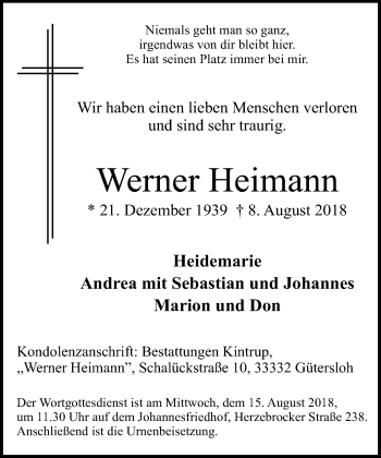 Traueranzeige von Werner Heimann von Neue Westfälische