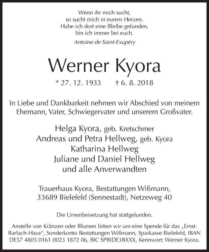 Traueranzeige für Werner Kyora vom 18.08.2018 aus Neue Westfälische
