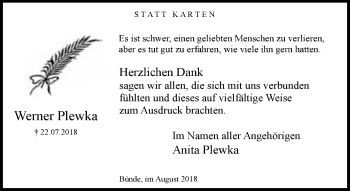 Traueranzeige von Werner Plewka von Neue Westfälische