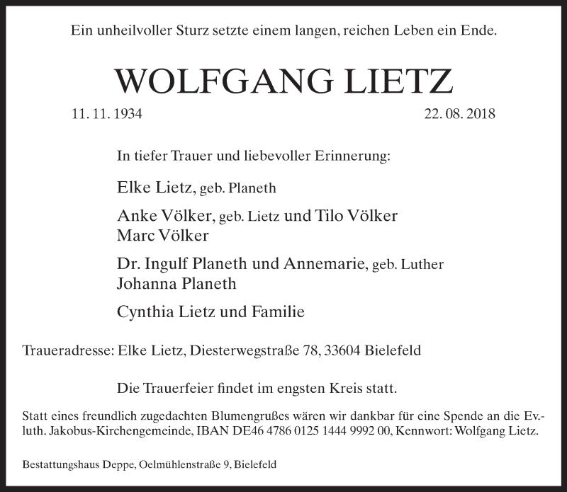  Traueranzeige für Wolfgang Lietz vom 25.08.2018 aus Neue Westfälische