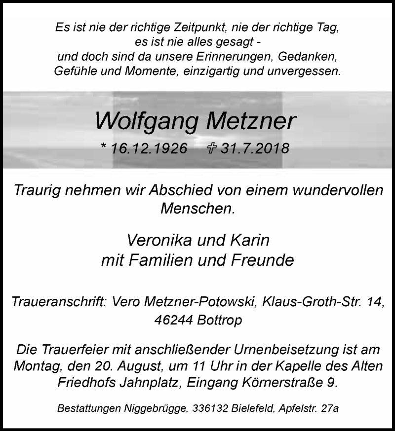  Traueranzeige für Wolfgang Metzner vom 08.08.2018 aus Neue Westfälische