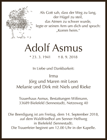 Traueranzeige von Adolf Asmus von Neue Westfälische