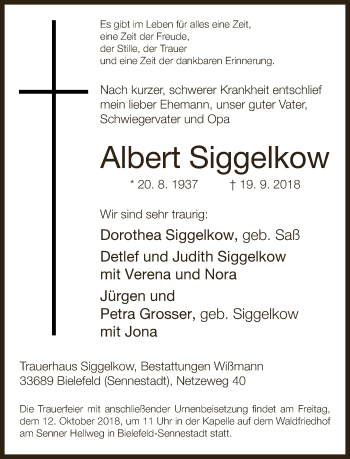 Traueranzeige von Albert Siggelkow von Neue Westfälische