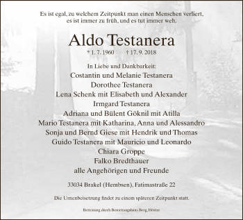 Traueranzeige von Aldo Testanera von Neue Westfälische