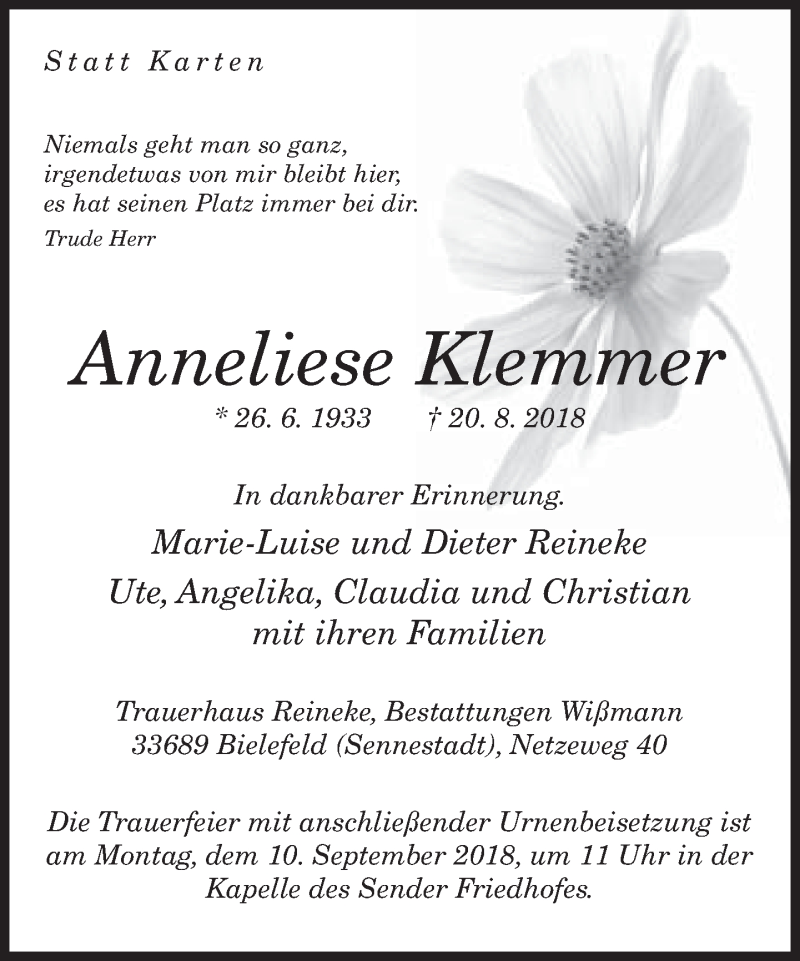  Traueranzeige für Anneliese Klemmer vom 01.09.2018 aus Neue Westfälische