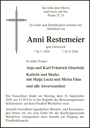 Traueranzeige von Anni Restemeier von Neue Westfälische