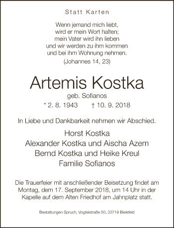 Traueranzeige von Artemis Kostka von Neue Westfälische