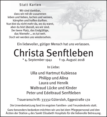 Traueranzeige von Christa Senftleben von Neue Westfälische
