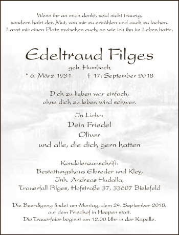 Traueranzeige von Edeltraud Filges von Neue Westfälische