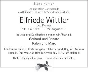 Traueranzeige von Elfriede Wittler von Neue Westfälische