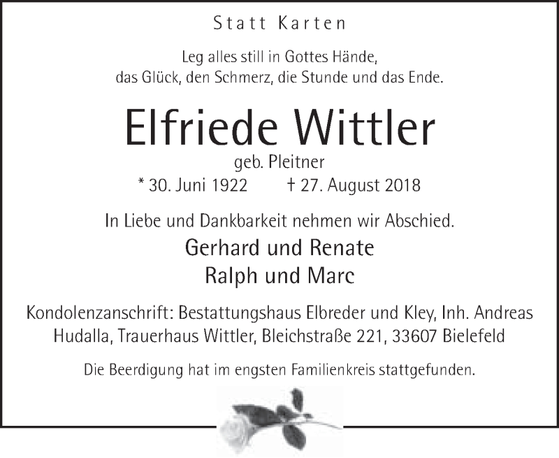  Traueranzeige für Elfriede Wittler vom 08.09.2018 aus Neue Westfälische