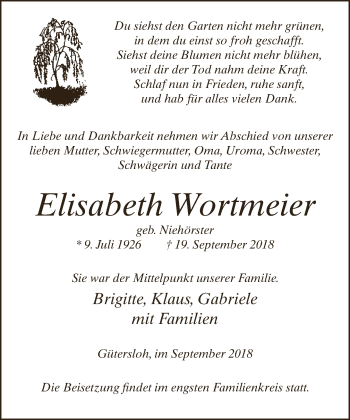 Traueranzeige von Elisabeth Wortmeier von Neue Westfälische