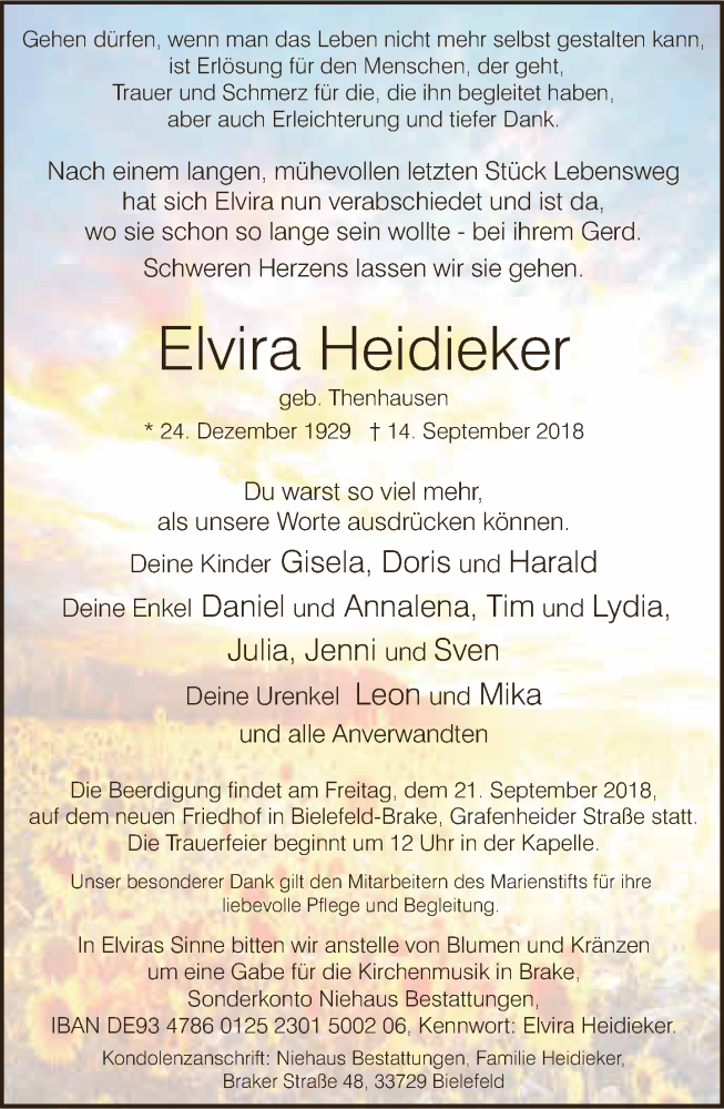  Traueranzeige für Elvira Heidieker vom 18.09.2018 aus Neue Westfälische