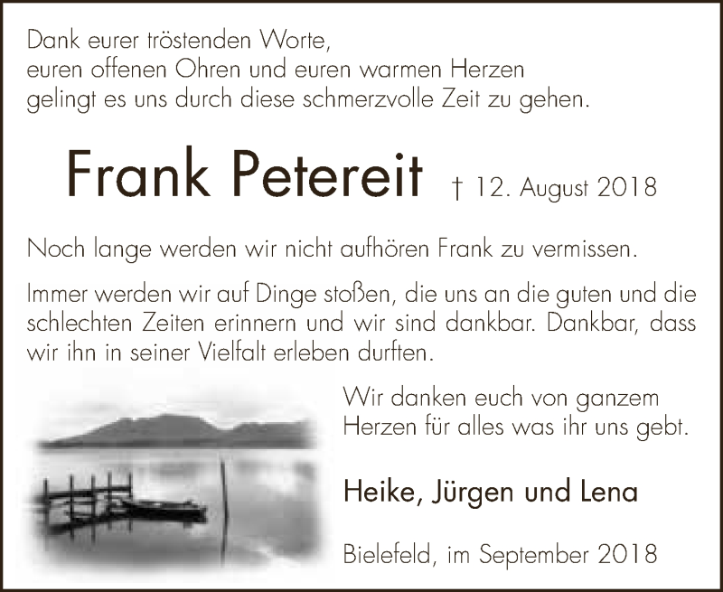  Traueranzeige für Frank Petereit vom 15.09.2018 aus Neue Westfälische