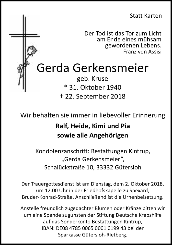  Traueranzeige für Gerda Gerkensmeier vom 26.09.2018 aus Neue Westfälische