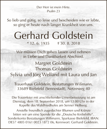 Traueranzeige von Gerhard Goldstein von Neue Westfälische