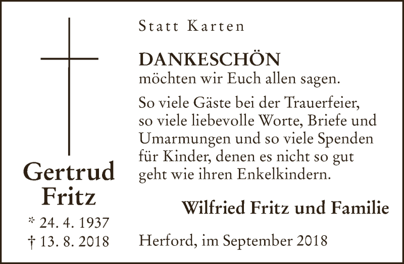  Traueranzeige für Gertrud Fritz vom 08.09.2018 aus Neue Westfälische