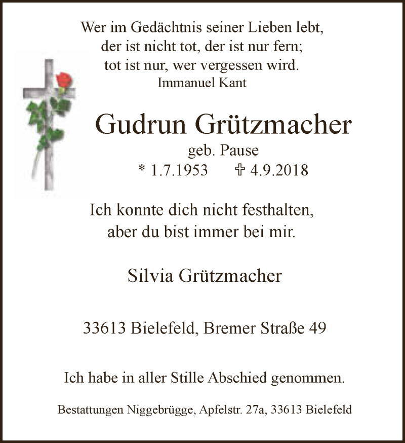  Traueranzeige für Gudrun Grützmacher vom 08.09.2018 aus Neue Westfälische