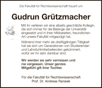 Traueranzeige von Gudrun Grützmacher von Neue Westfälische
