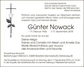 Traueranzeige von Günter Nowack von Neue Westfälische