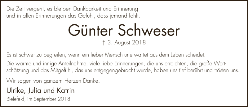  Traueranzeige für Günter Schweser vom 15.09.2018 aus Neue Westfälische