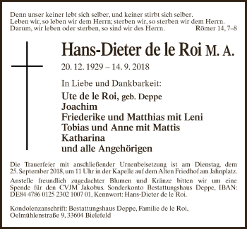 Traueranzeige von Hans-Dieter de le Roi von Neue Westfälische