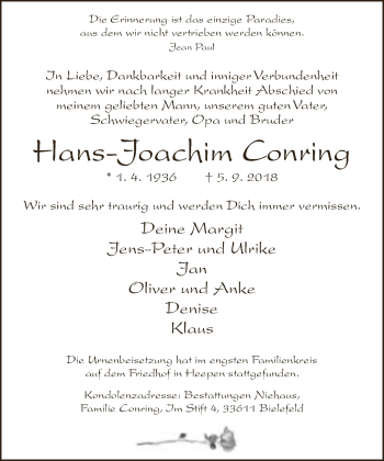 Traueranzeige von Hans-Joachim Conving von Neue Westfälische