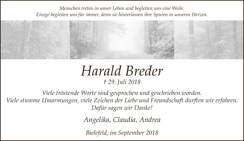  Traueranzeige für Harald Breder vom 15.09.2018 aus Neue Westfälische