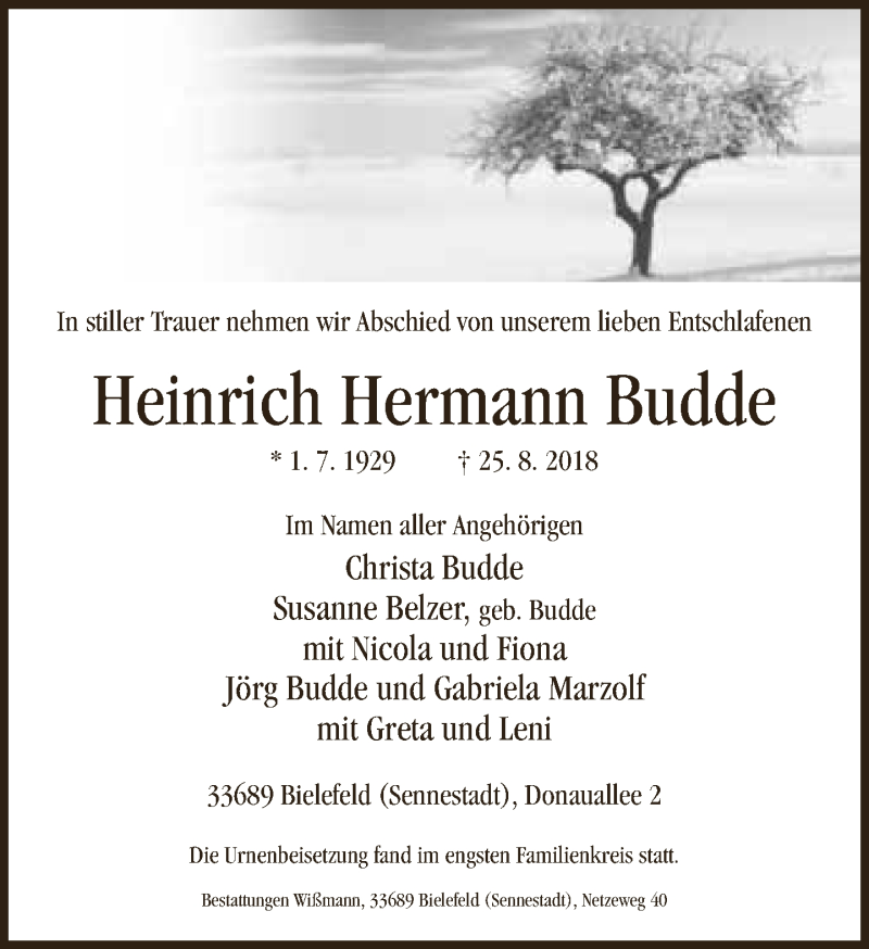  Traueranzeige für Heinrich Hermann Budde vom 08.09.2018 aus Neue Westfälische