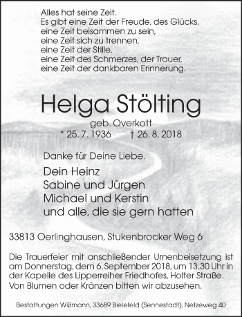 Traueranzeige von Helga Stölting von Neue Westfälische