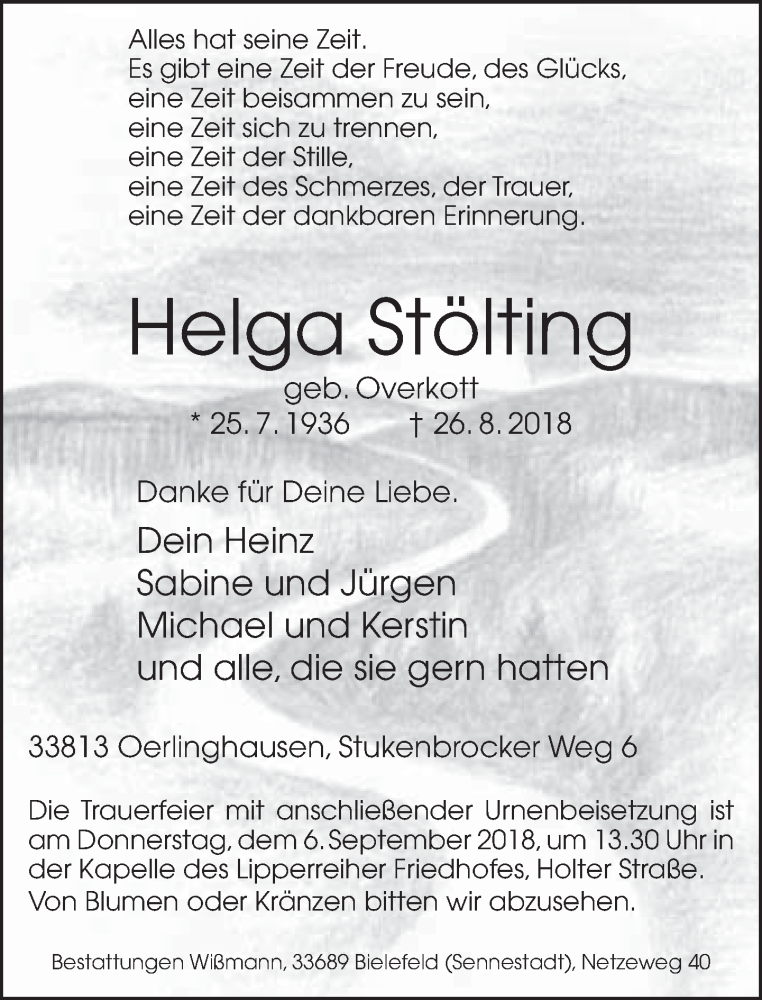  Traueranzeige für Helga Stölting vom 01.09.2018 aus Neue Westfälische
