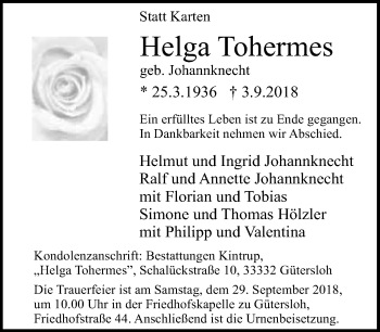 Traueranzeige von Helga Tohermes von Neue Westfälische