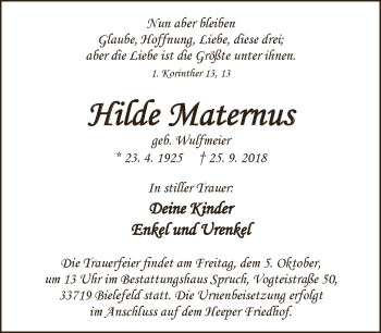 Traueranzeige von Hilde Maternus von Neue Westfälische