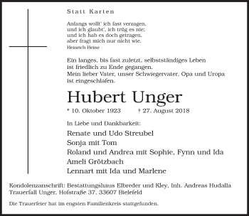Traueranzeige von Hubert Unger von Neue Westfälische