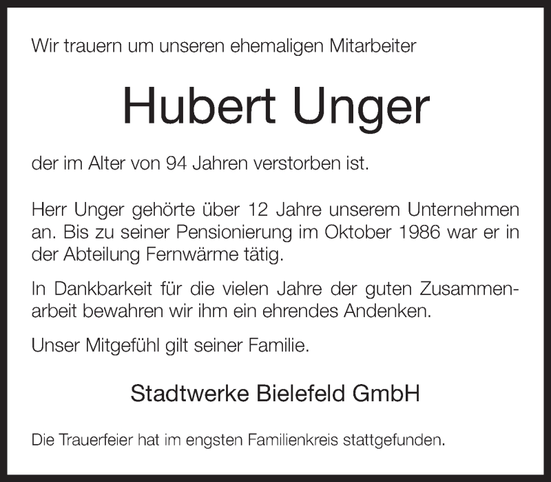  Traueranzeige für Hubert Unger vom 05.09.2018 aus Neue Westfälische