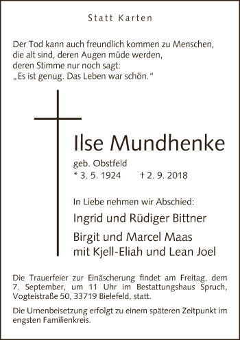 Traueranzeige von Ilse Mundhenke von Neue Westfälische