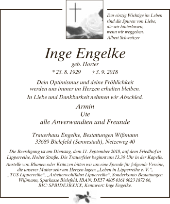 Traueranzeige von Inge Engelke von Neue Westfälische