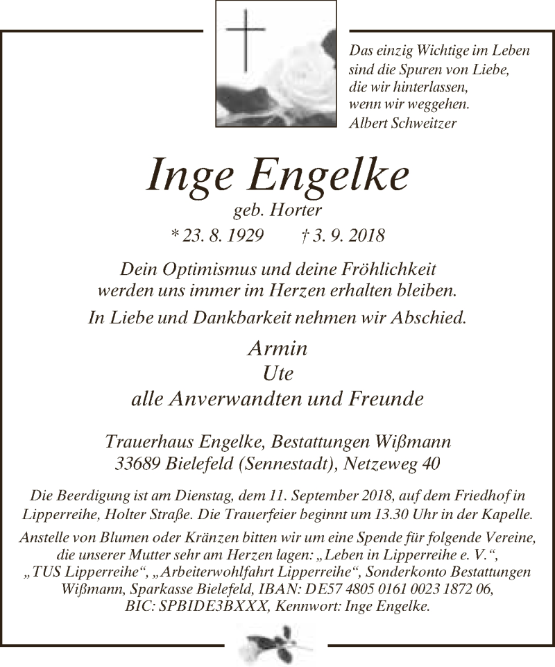  Traueranzeige für Inge Engelke vom 08.09.2018 aus Neue Westfälische