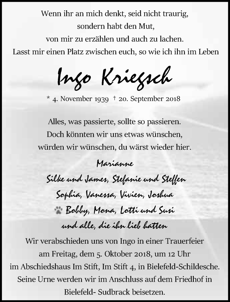  Traueranzeige für Ingo Kriegsch vom 29.09.2018 aus Neue Westfälische