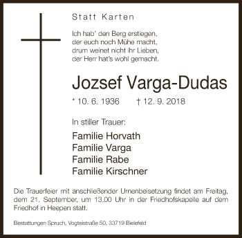 Traueranzeige von Jozsef Varga-Dudas von Neue Westfälische