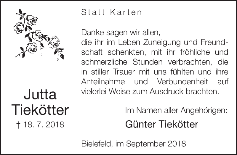  Traueranzeige für Jutta Tiekötter vom 01.09.2018 aus Neue Westfälische