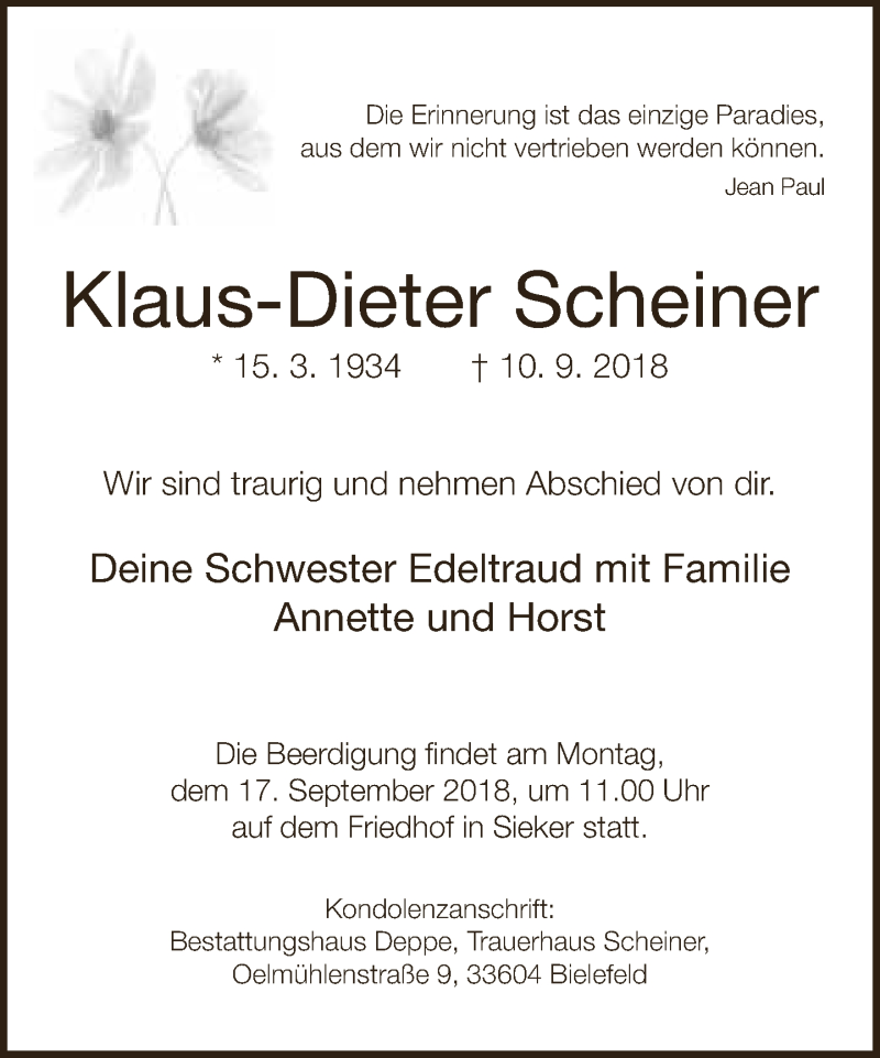  Traueranzeige für Klaus-Dieter Scheiner vom 13.09.2018 aus Neue Westfälische