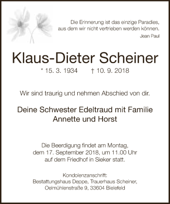 Traueranzeige von Klaus-Dieter Scheiner von Neue Westfälische