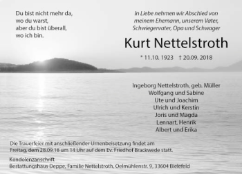 Traueranzeige von Kurt Nettelstroth von Neue Westfälische