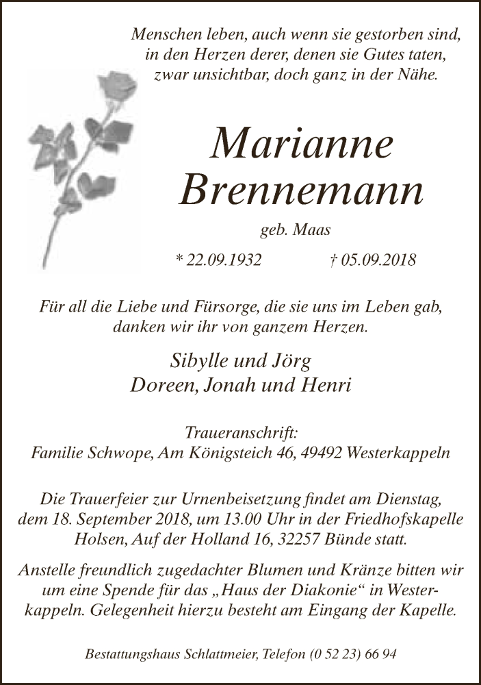  Traueranzeige für Marianne Brennemann vom 13.09.2018 aus Neue Westfälische