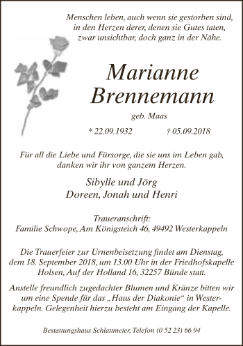 Traueranzeige von Marianne Brennemann von Neue Westfälische