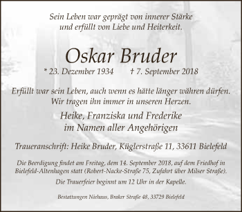 Traueranzeige von Oskar Bruder von Neue Westfälische