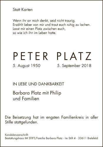 Traueranzeige von Peter Platz von Neue Westfälische